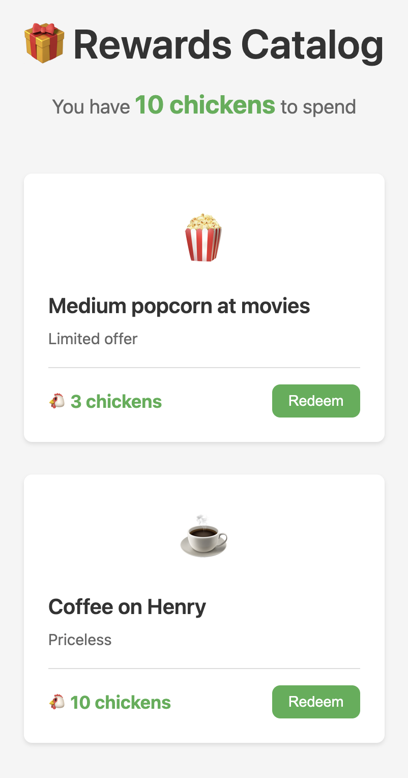 Example of redeeming chickens for rewards
